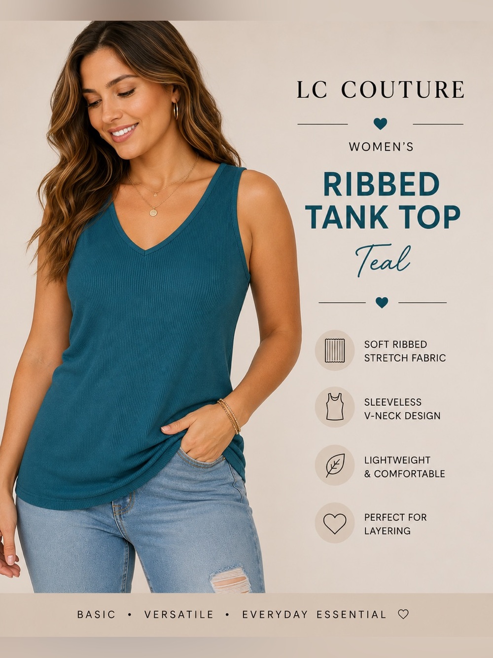NWT LC Couture Teal Blue Ribbed V-Neck Tank Top L/XL Soft Stretch Sleeveless